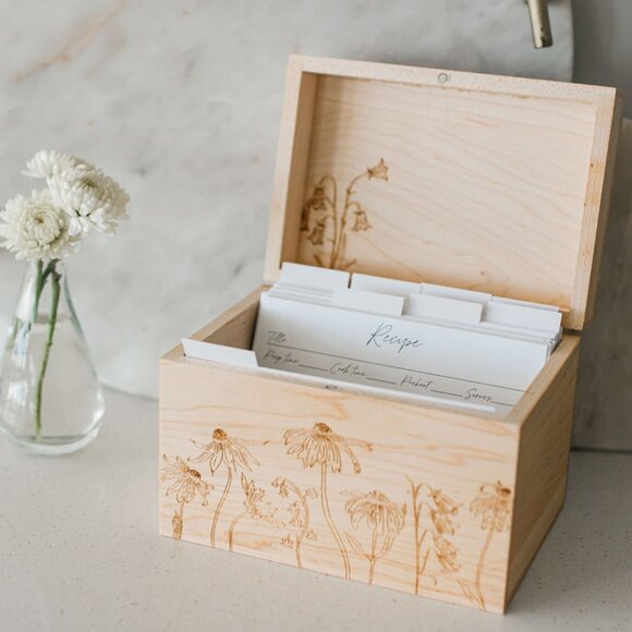 Maple Wood Recipe Box with Recipe Cards with Dividers - Picture 1 of 14